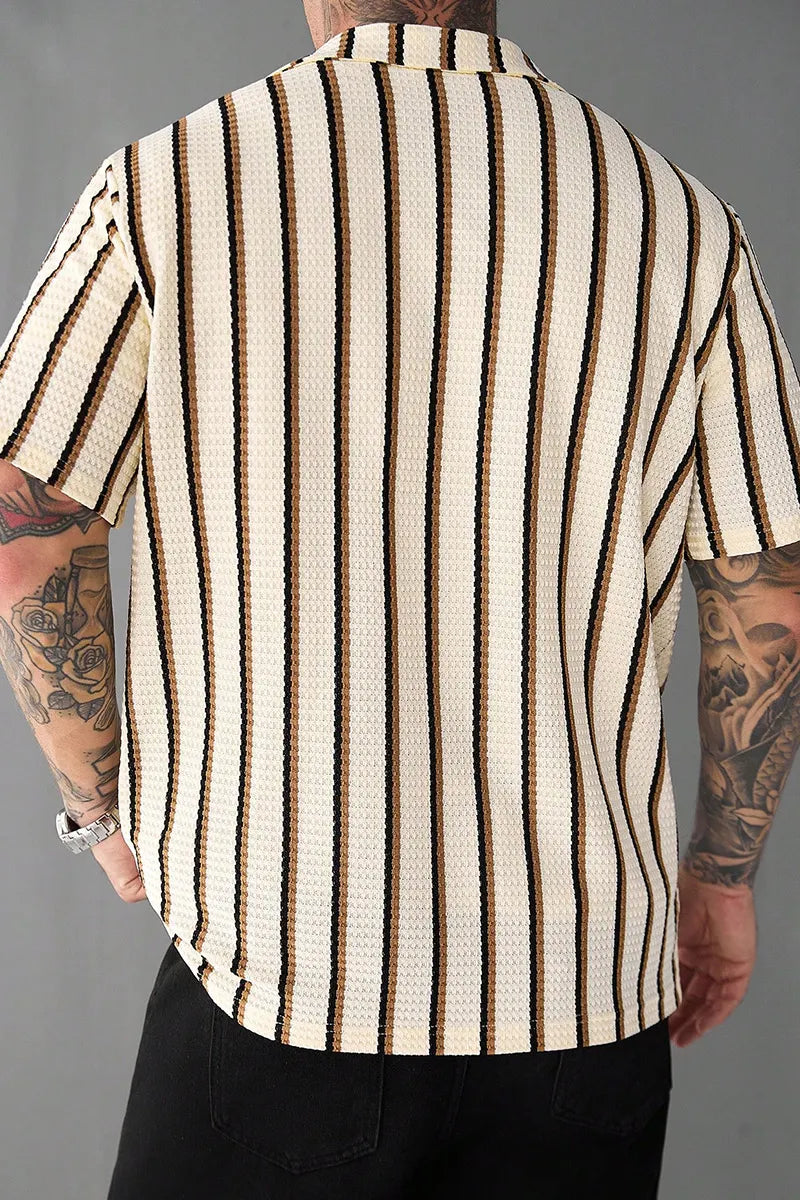 Men's Beige Summer Casual Vacation Holiday Striped Waffle Knit Polo Shirt,Classic Button Down Short Sleeve Textured Cuban Shirt Retro Outdoor Tops