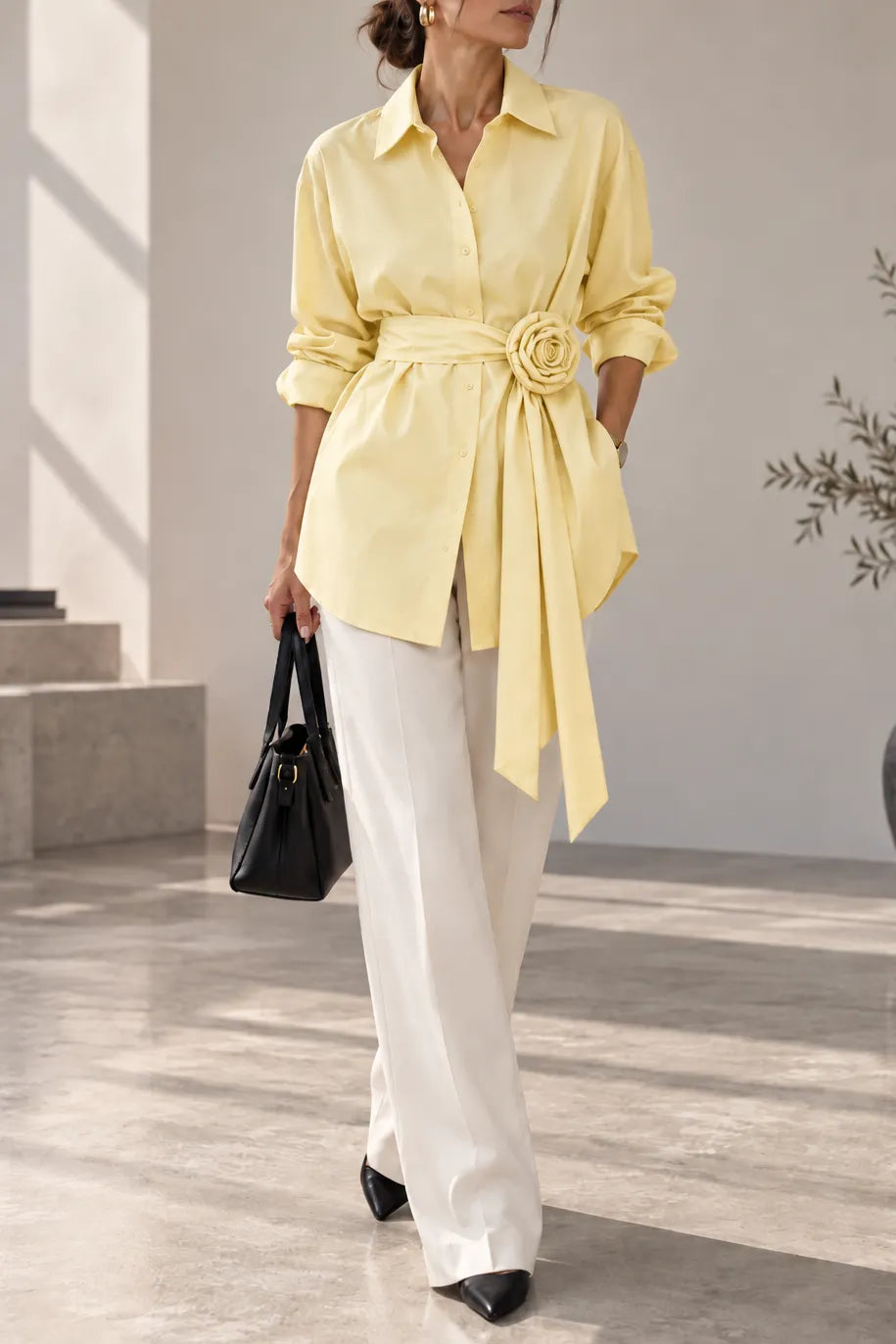 Women's Butter Yellow Button Down Shirt with 3D Rose Flower Belt Long Sleeve Lapel Blouse Tie Waist Casual Elegant Work Tops