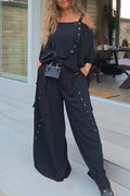 Women's Off Shoulder Patchwork Top+ Pants Casual Suit