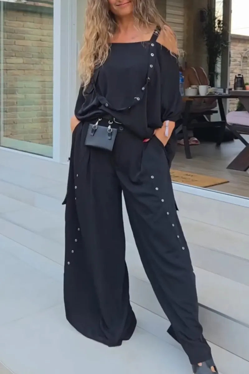 Women's Off Shoulder Patchwork Top+ Pants Casual Suit