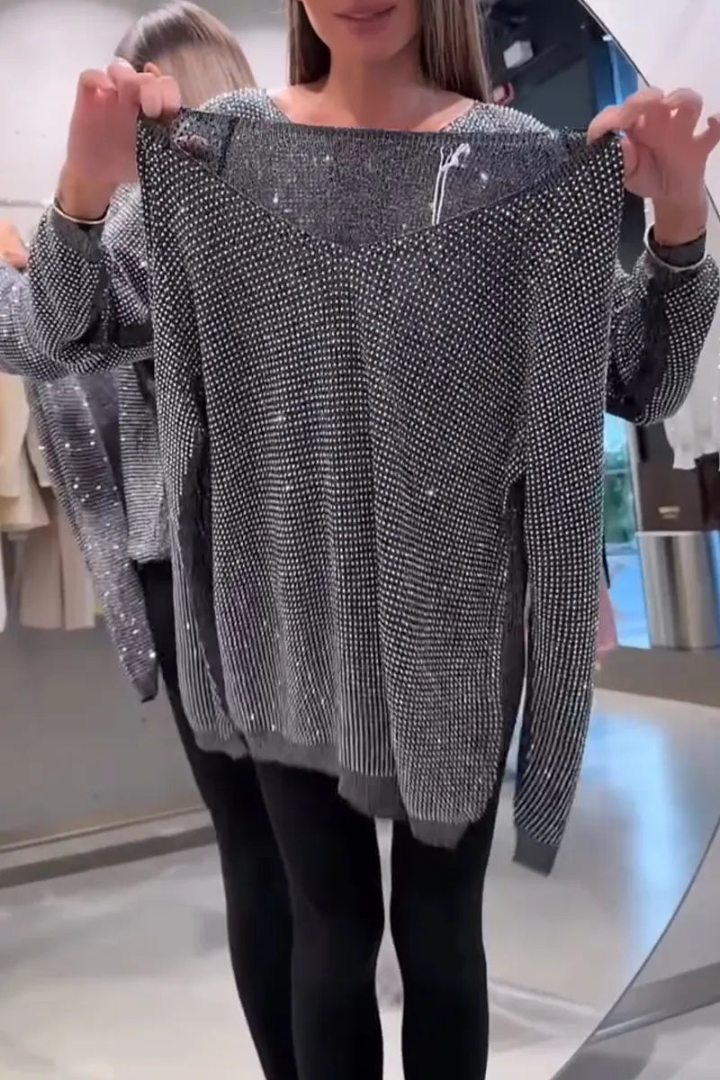 Women's V-neck Rhinestone Shiny Casual Top