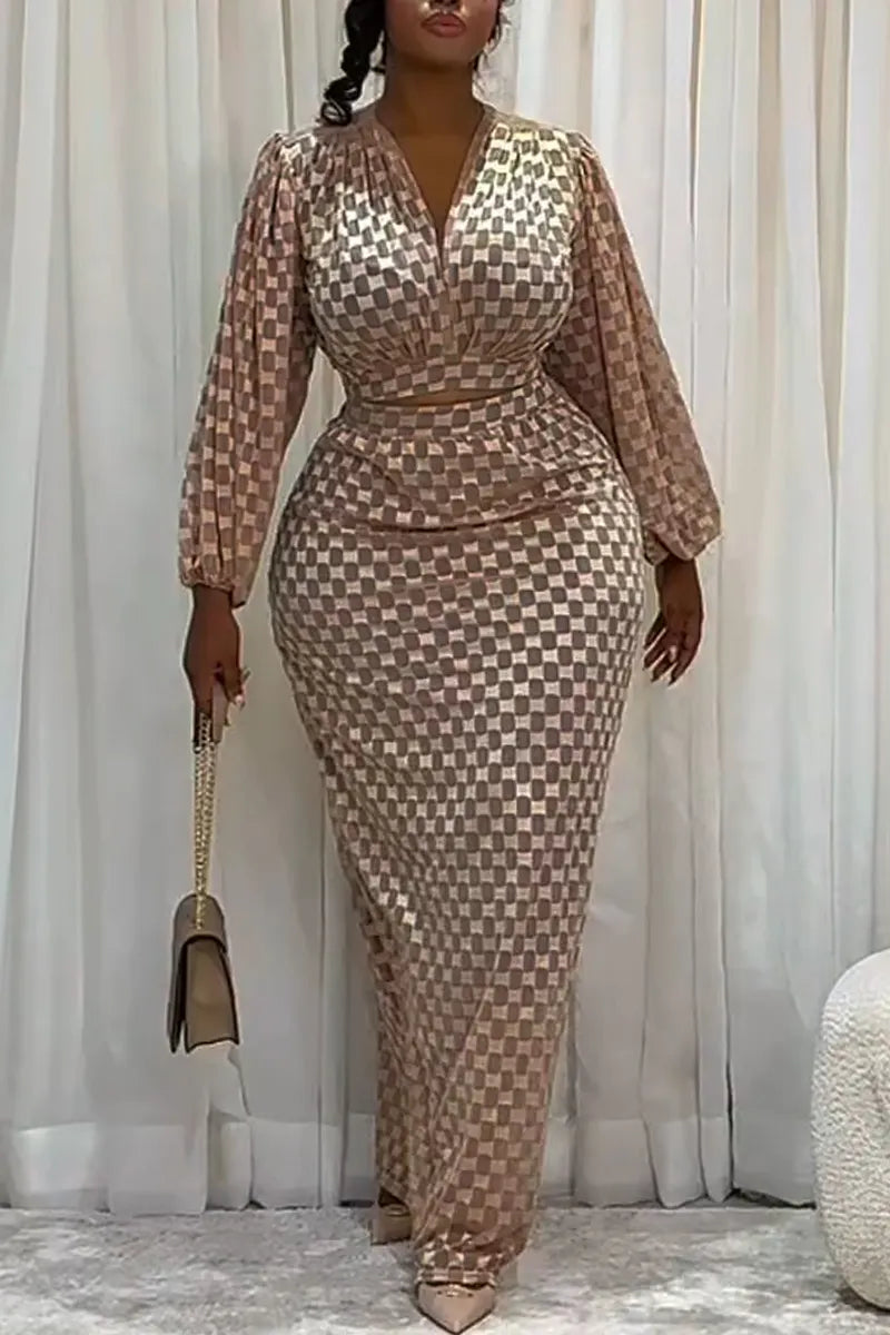 Women's V-neck Printed Top + Half Skirt Elegant Temperament Set