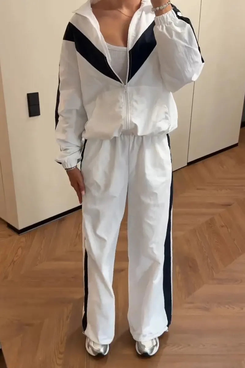 Women's Collar Contrasting Jacket+ Pants Sports and Casual Style Set