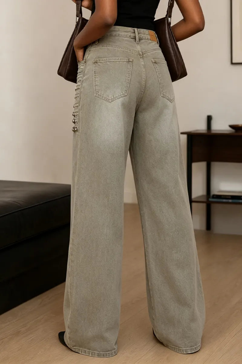 Women's Washed Water Spliced Metal Round Buckle Casual Jeans