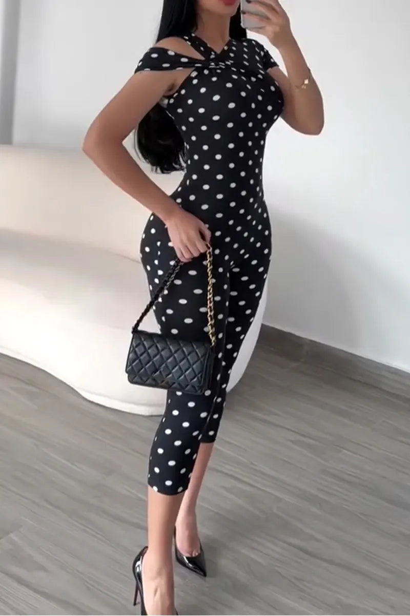 Women's Slim Fit Polka Dot Printed Casual Jumpsuit with Temperament
