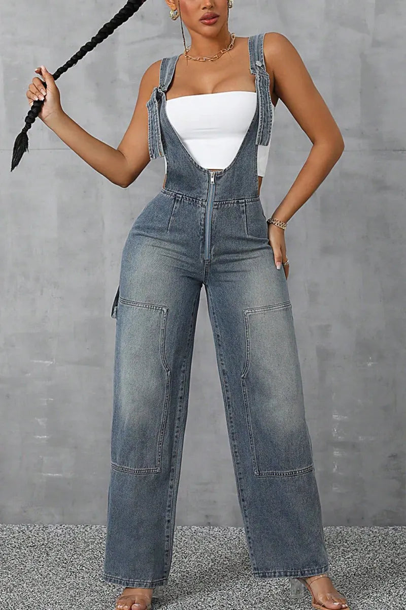 Ladies' Edgy Denim Overalls Wide Leg Overalls
