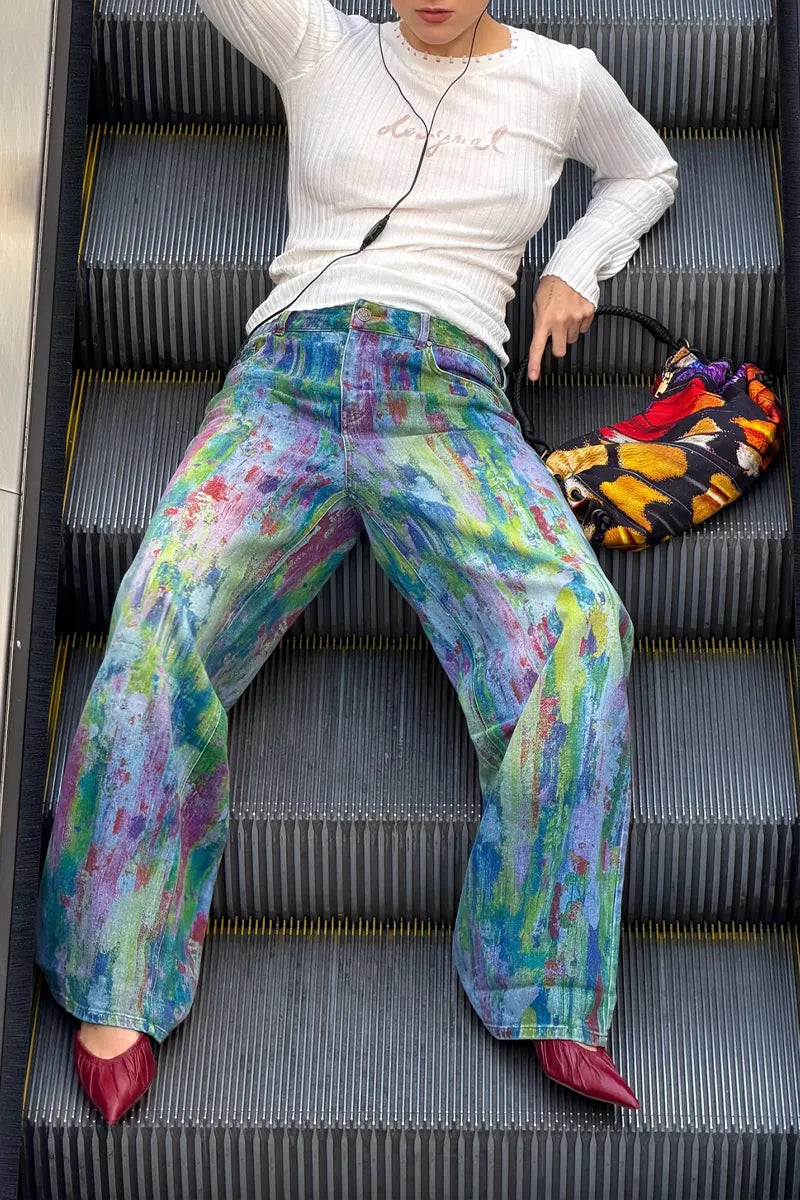 Women's Street Style Color Graffiti Print Jeans