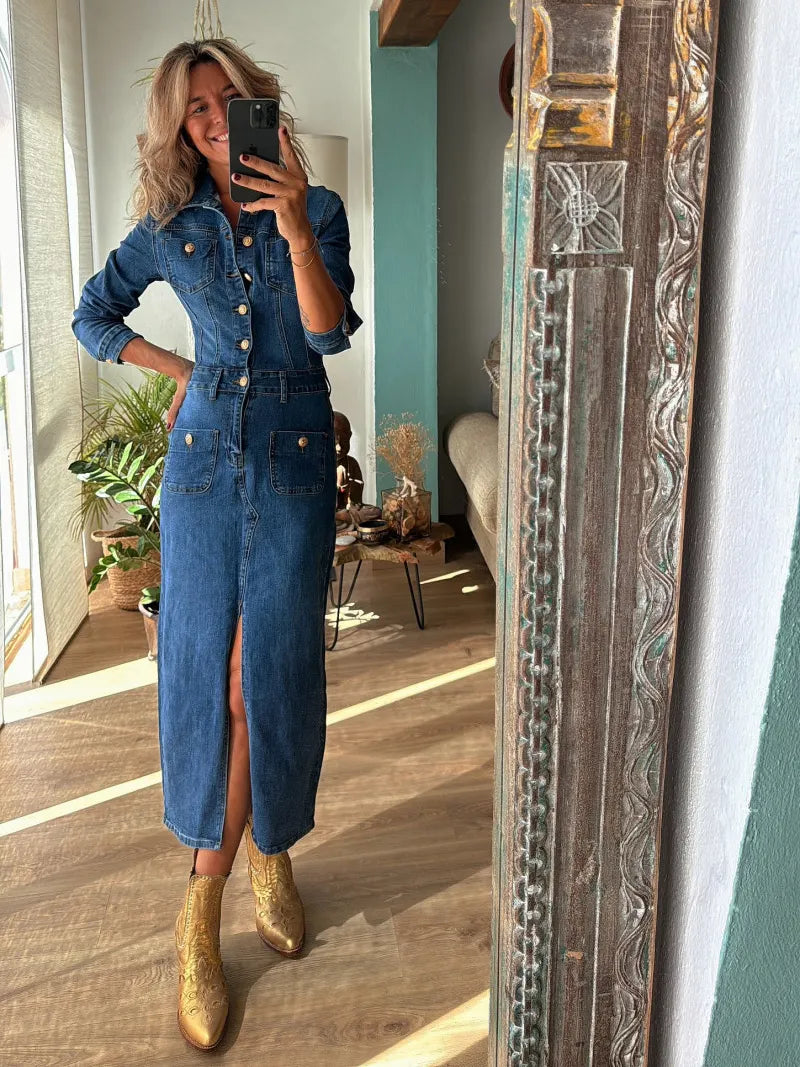 Elegant Slit Hem Long Sleeve Denim Midi Dress