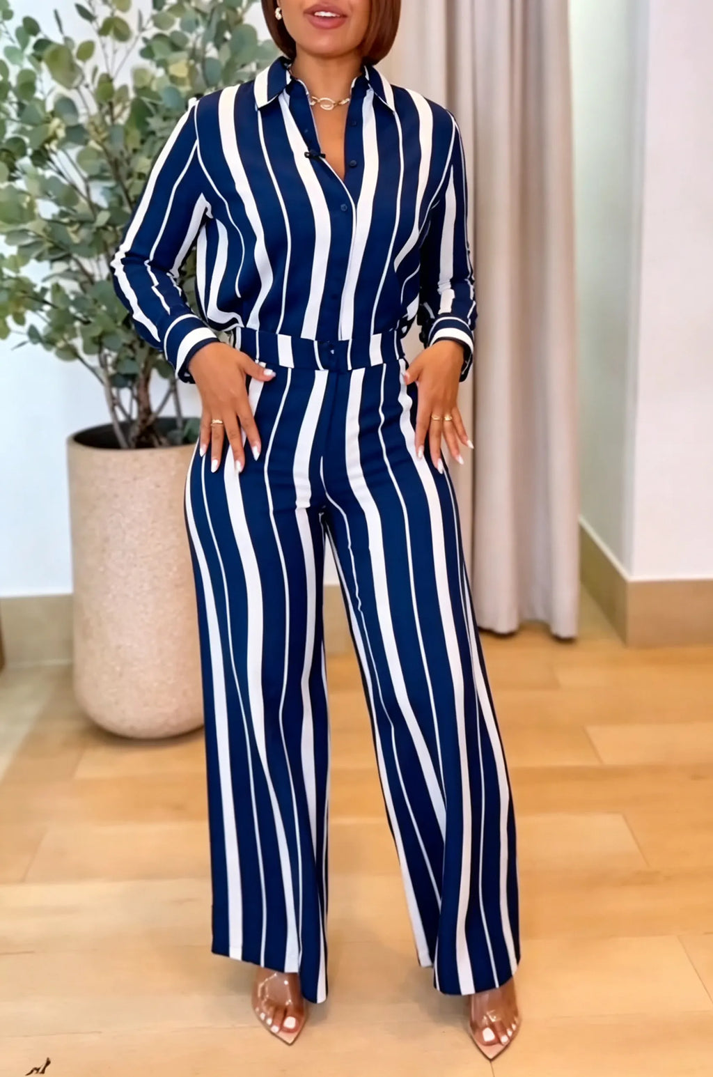 Women's Casual Daily Stripe Shirt Pants Two-Piece Set