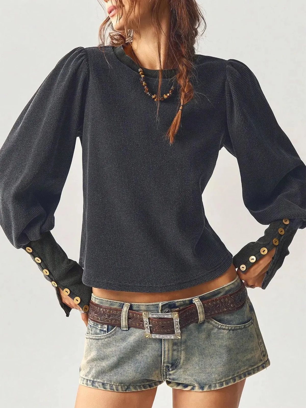 Casual Warm Textured Knit Puff Sleeve Top