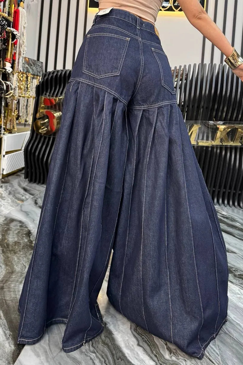Women's Casual Pleated Loose Wide Leg Jeans