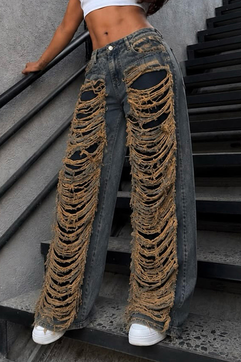 Women's Fashion Street Wash Ripped Decoration Wide Leg Jeans