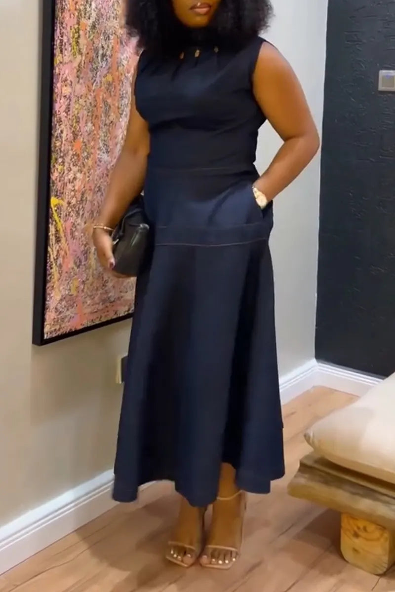 Women Round Neck Sleeveless Waist Cinched Elegant Casual Denim Maxi Dresses
