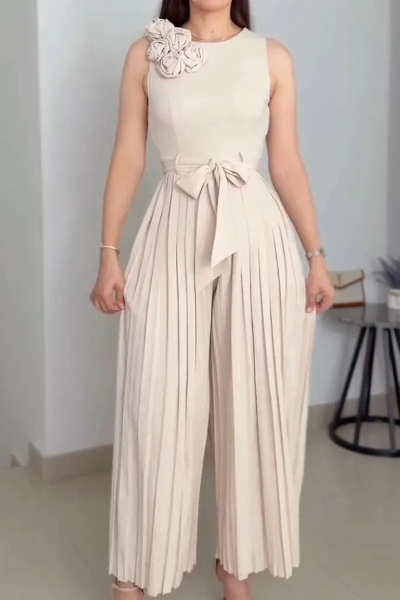 Women's Casual Flower Decoration Pleated Wide Leg Long Jumpsuit