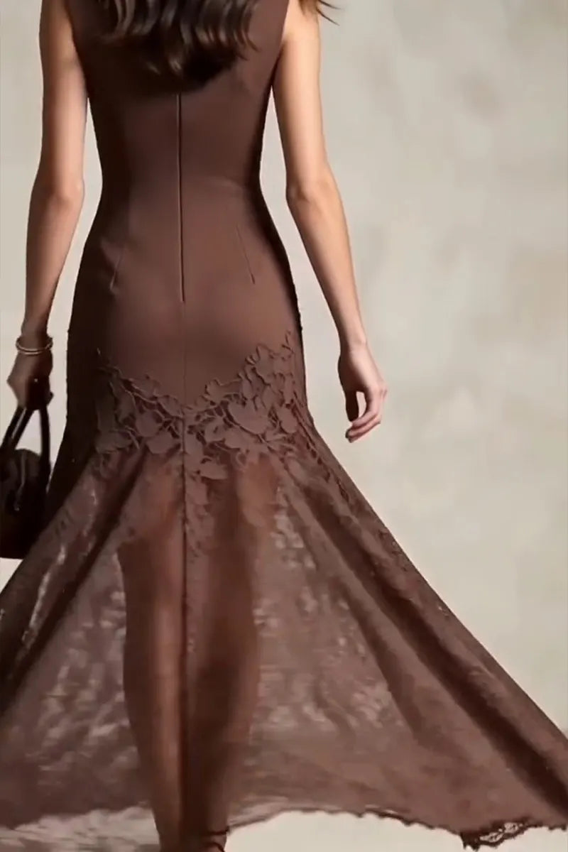 Women's Elegant Crew Neck Lace Patchwork A-Line Dress
