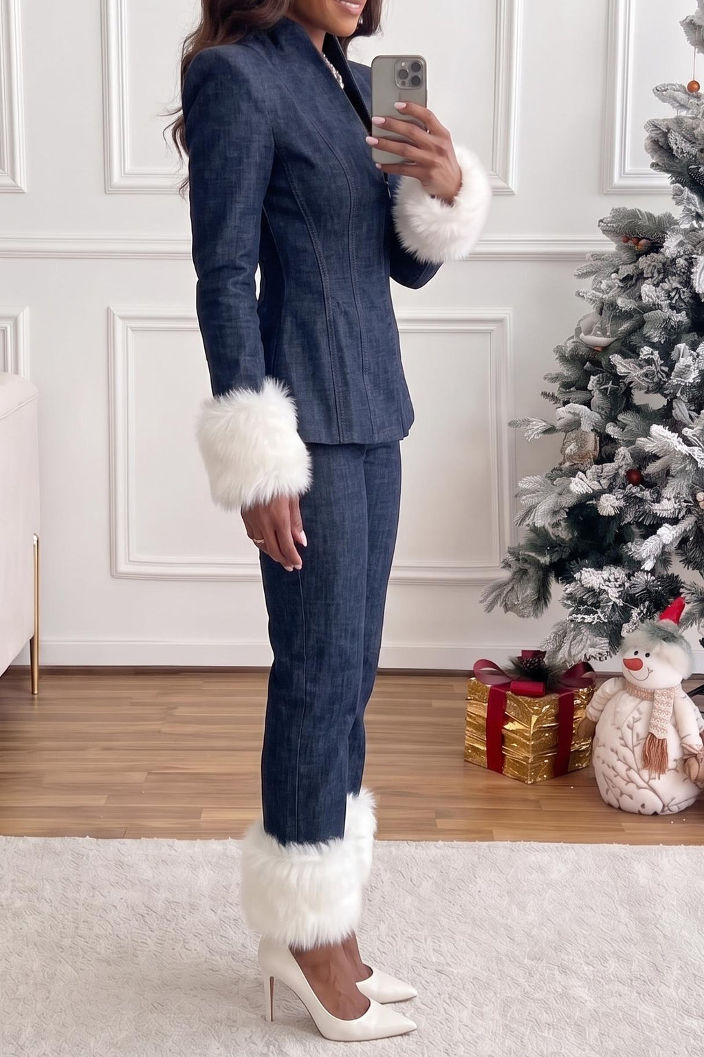 Women's Chic Dark Wash Denim Peplum Jacket & Fitted Pants Set with Plush Fur Cuffs