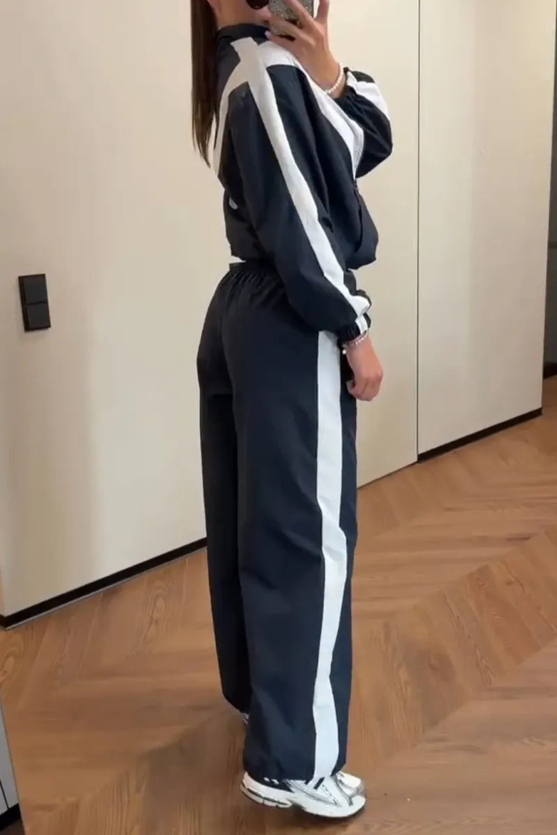 Women's Collar Contrasting Jacket+ Pants Sports and Casual Style Set