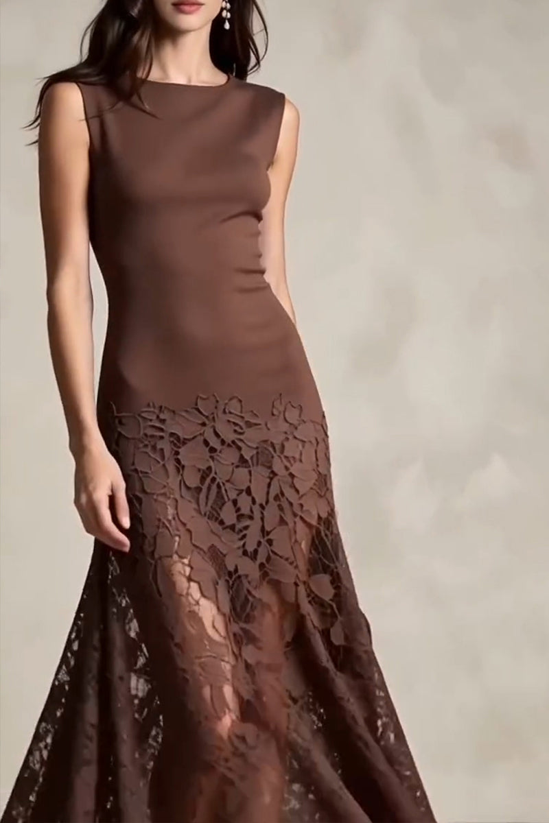 Women's Elegant Crew Neck Lace Patchwork A-Line Dress