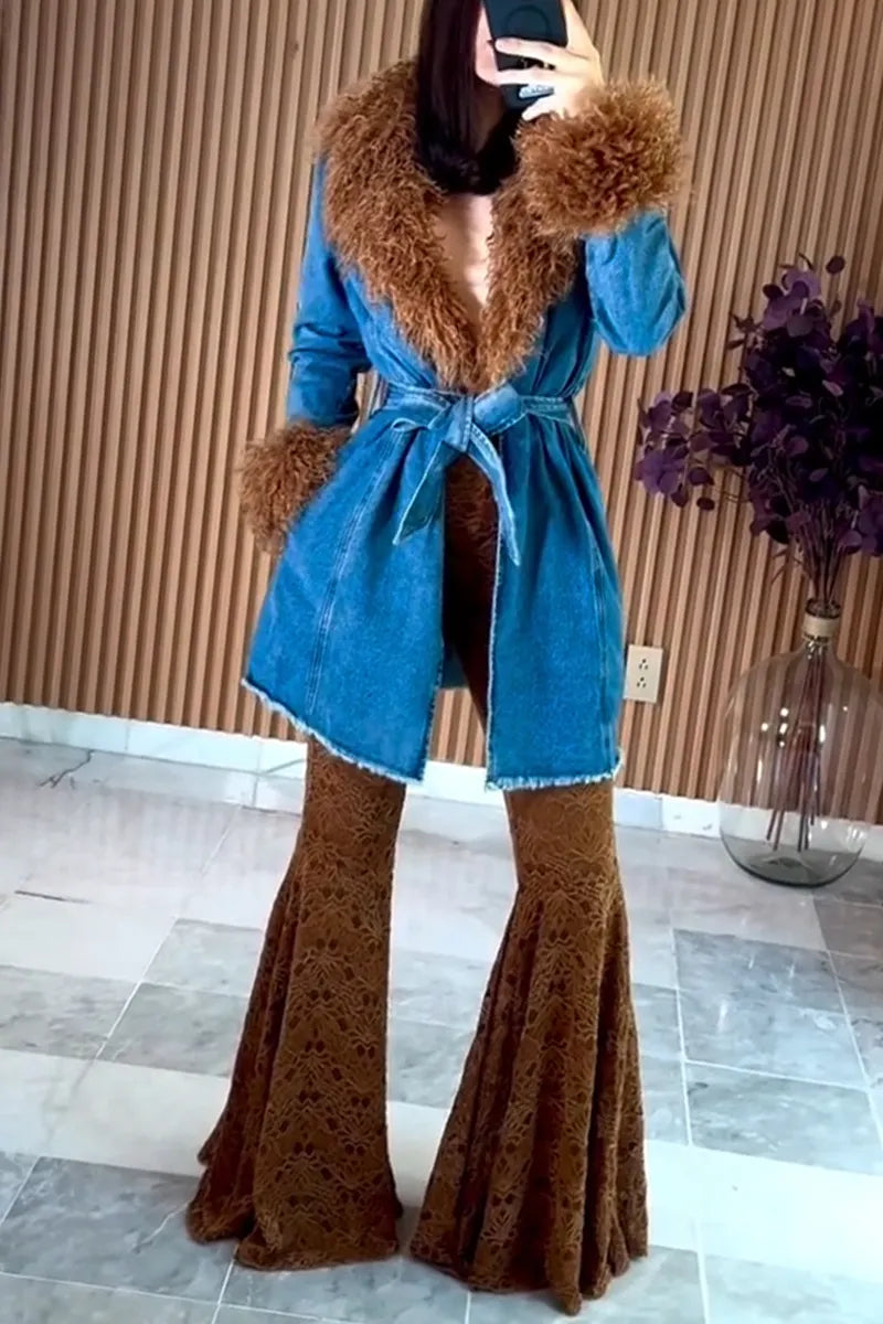 Women's Fur Collar Spliced Denim Jacket or Casual Flared Pants
