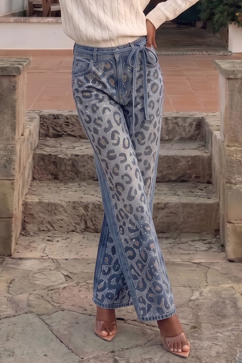 Women's High Rise Leopard Print Straight Leg Jeans with Belt Washed Casual Denim Trousers