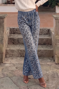Women's High Rise Leopard Print Straight Leg Jeans with Belt Washed Casual Denim Trousers