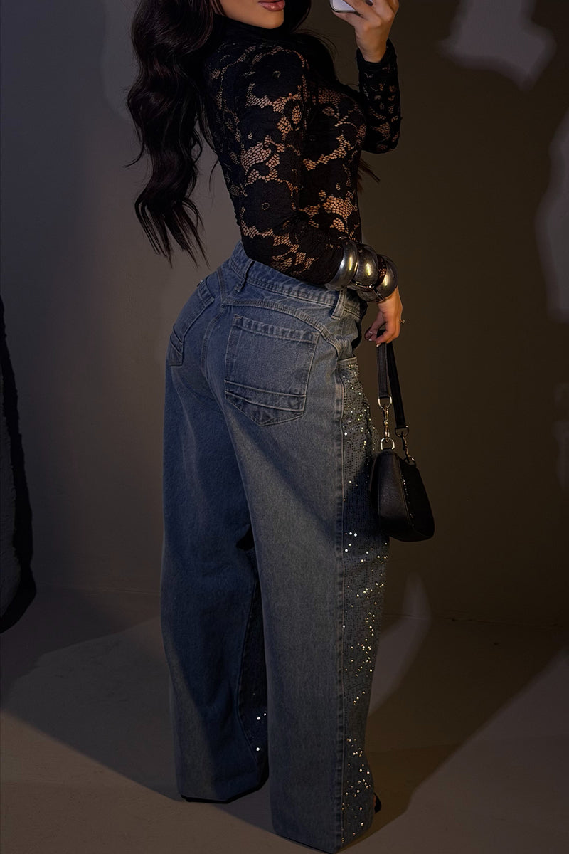 Women's Round Neck Lace Patterned Top or Rhinestone Casual Jeans