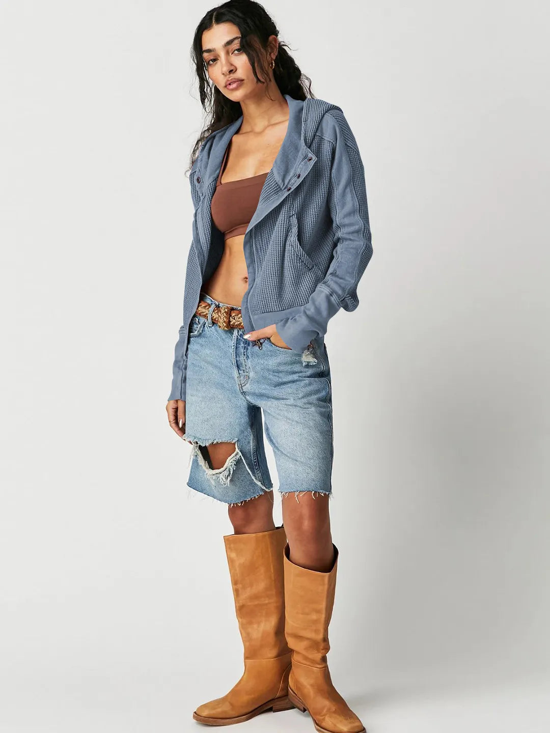 Casual Textured Knit Hoodie Sweatshirt Jacket