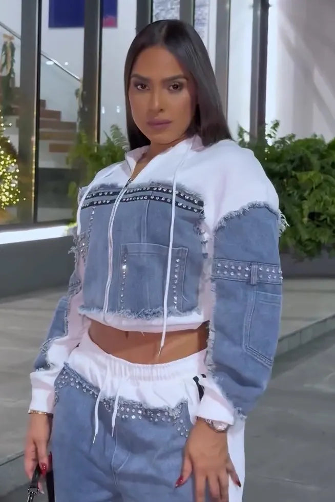 Fashion Denim Panel Hooded Jacket + Hotfix Rhinestone Jeans