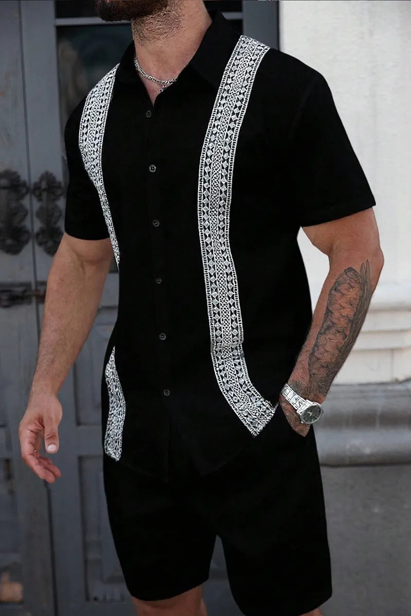Men's Casual Contrast Color Lace Trim Shirt, Summer
