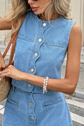 Women'sRound Neck Wavy Placket Sleeveless Cropped Denim Vest Or High Waist Wavy Button A Line Denim Mini Skirt