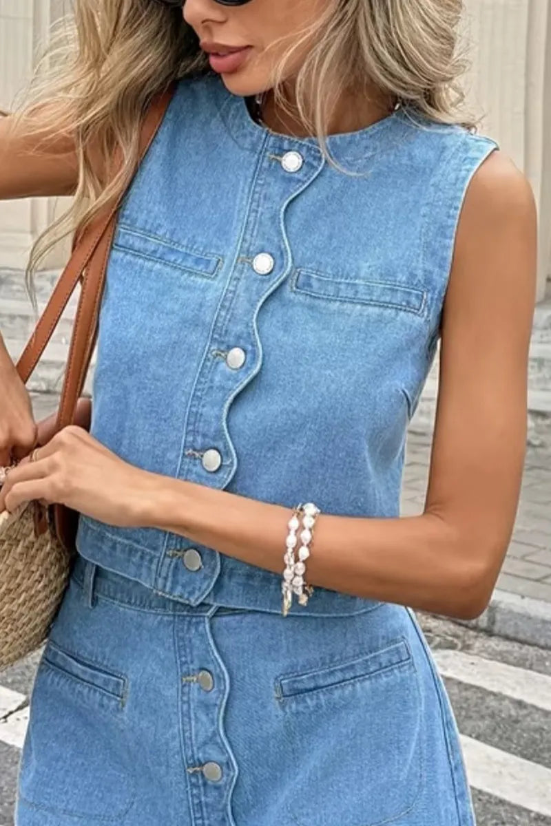 Women'sRound Neck Wavy Placket Sleeveless Cropped Denim Vest Or High Waist Wavy Button A Line Denim Mini Skirt