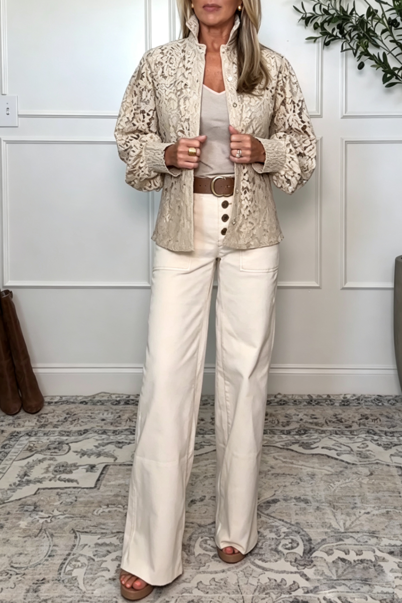 Women's Lapel Pattern Hollowed Out Coat or Wide Leg Pants