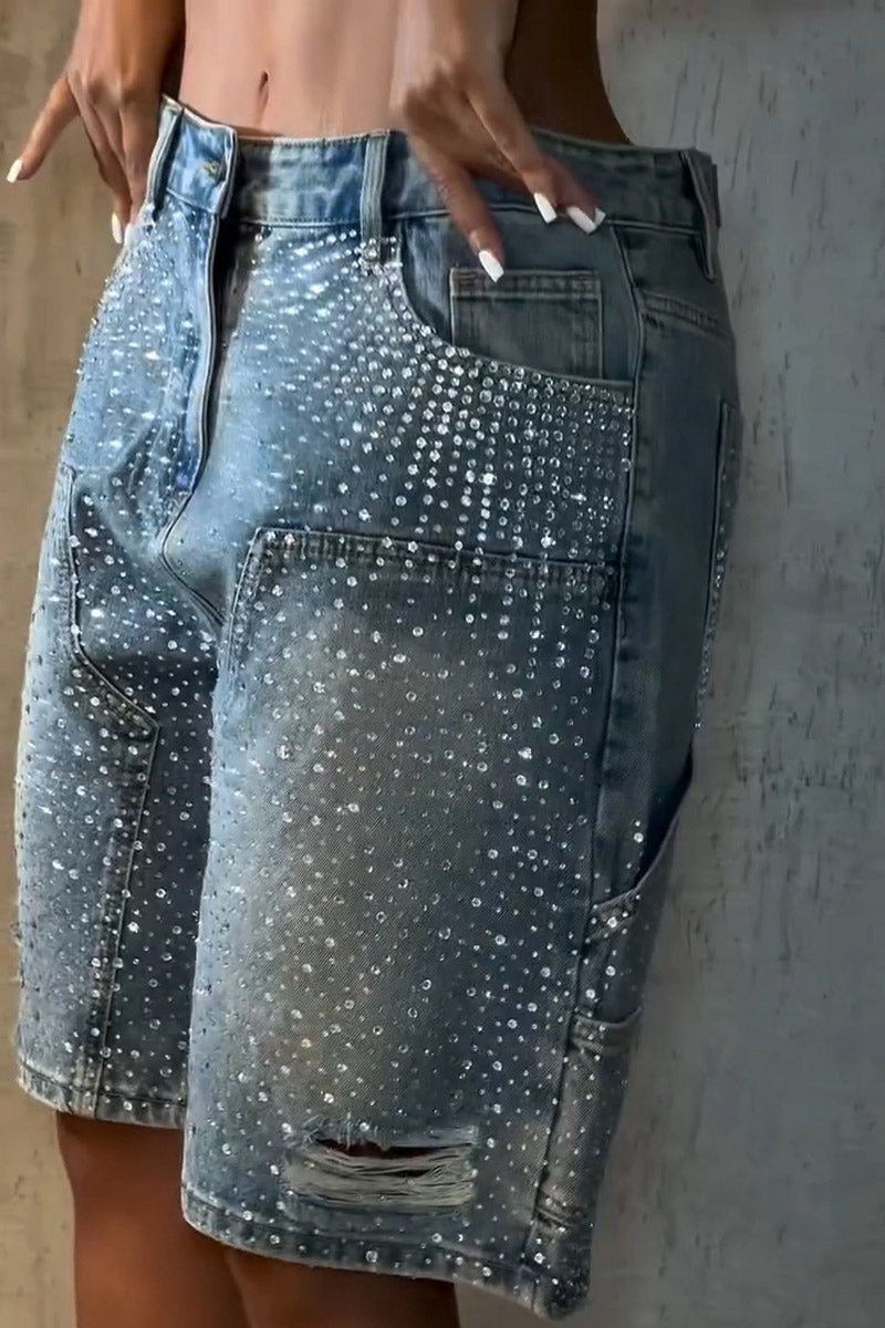 Ladies' Hot Selling Casual Rhinestone Splicing Casual Five Piece Denim Shorts