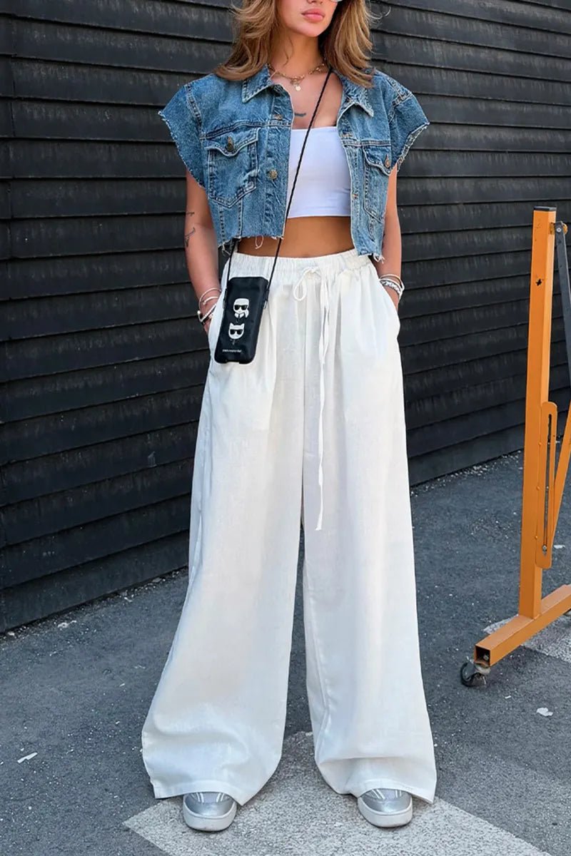Women's Casual Wide Shoulder Distressed Wash Denim Vest