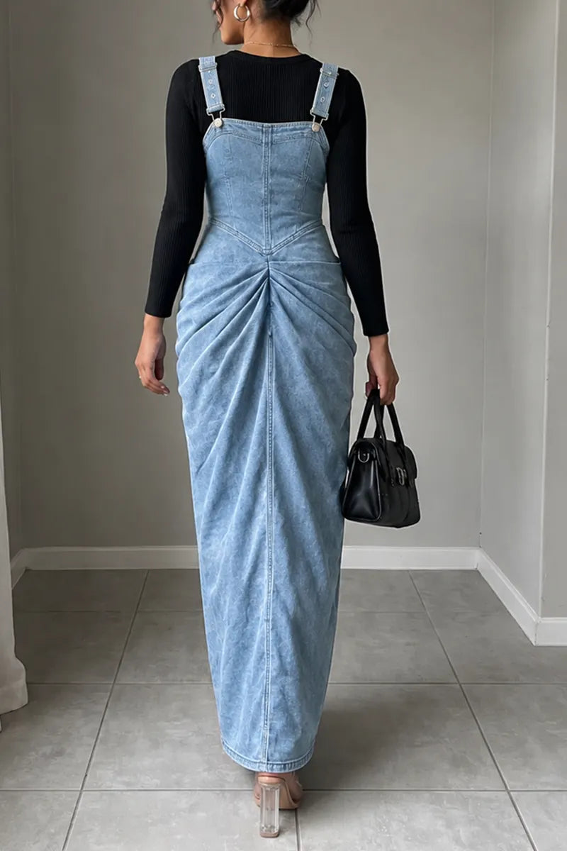 Women's Chic Adjustable Strap Ruched Front Light Blue Denim Maxi Overall Dress