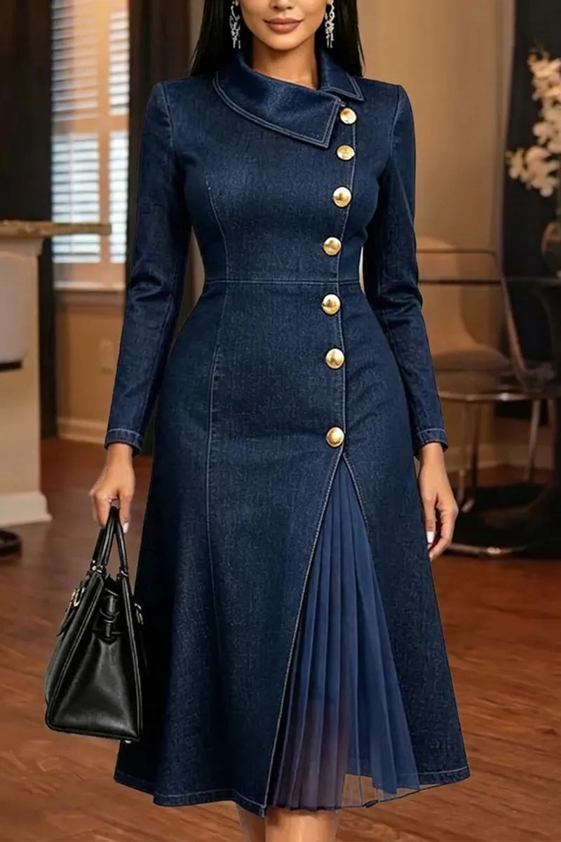 Women's Elegant Pleated Mesh Patchwork Hem Button Denim Dress