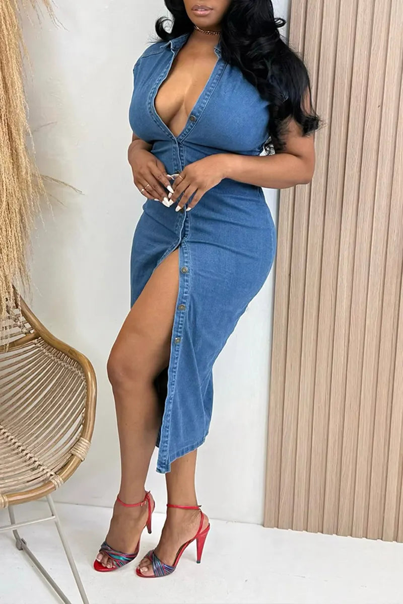 Women's Casual Button Slim Denim Midi Dress