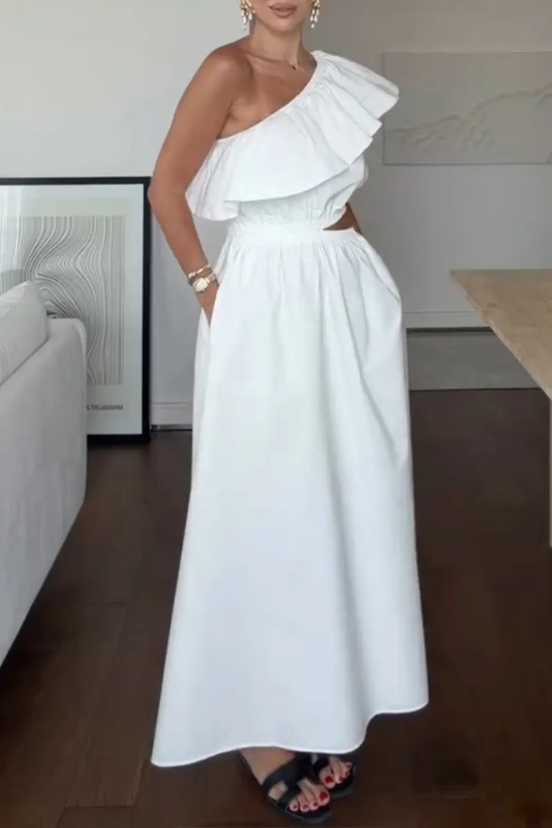 Women's Casual Ruffled Sleeve One Shoulder Waist Cutout  Maxi Dress