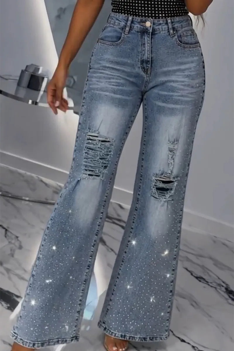 Women's Casual Rhinestone Vest or Washed Ripped Jeans