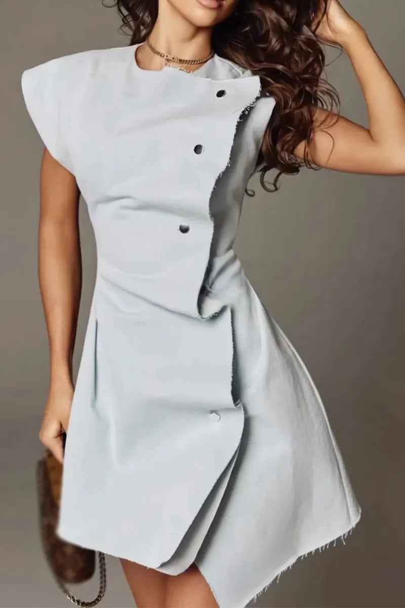 Women's Round Neck Waist Cinching and Elegant Casual Denim Dress