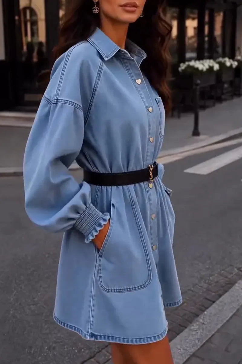 Women's Lapel with Heart-shaped Buckle Splicing Casual Denim Dress