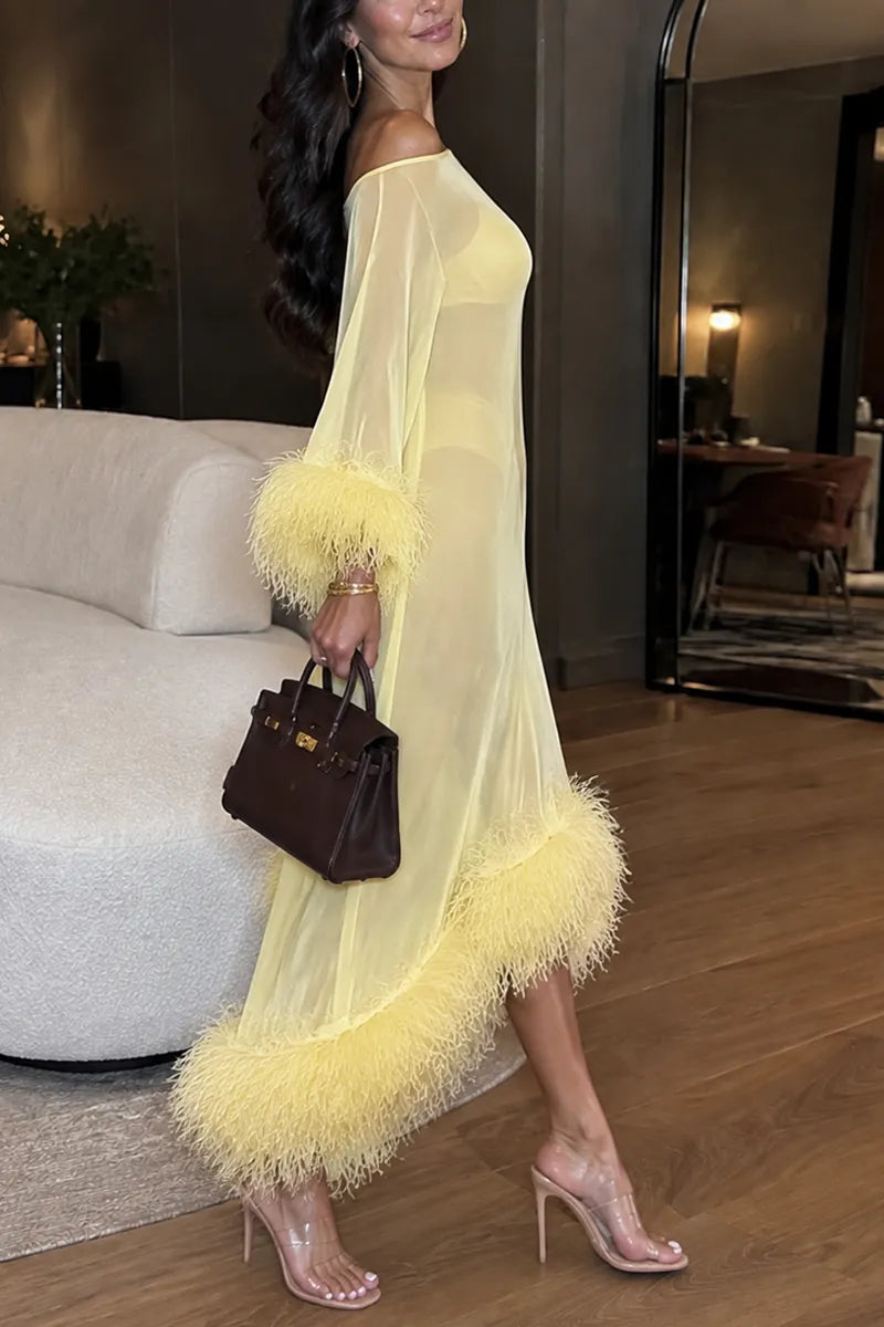 Women's Elegant Asymmetrical Feather Trim Sheer Mesh Yellow Maxi Dress
