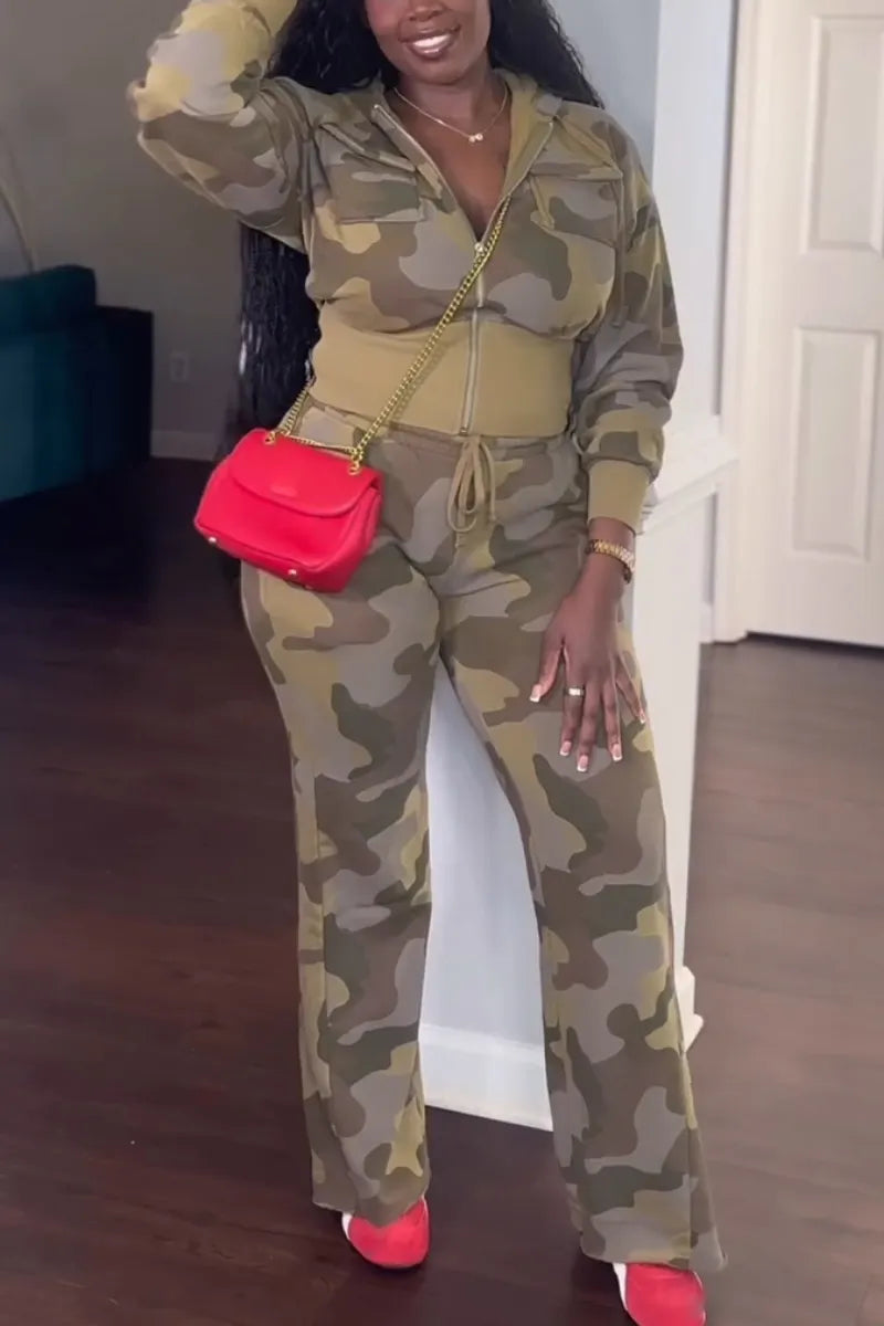 Women's Round Neck Patchwork Hooded Jacket+ Pants Casual Camouflage Set
