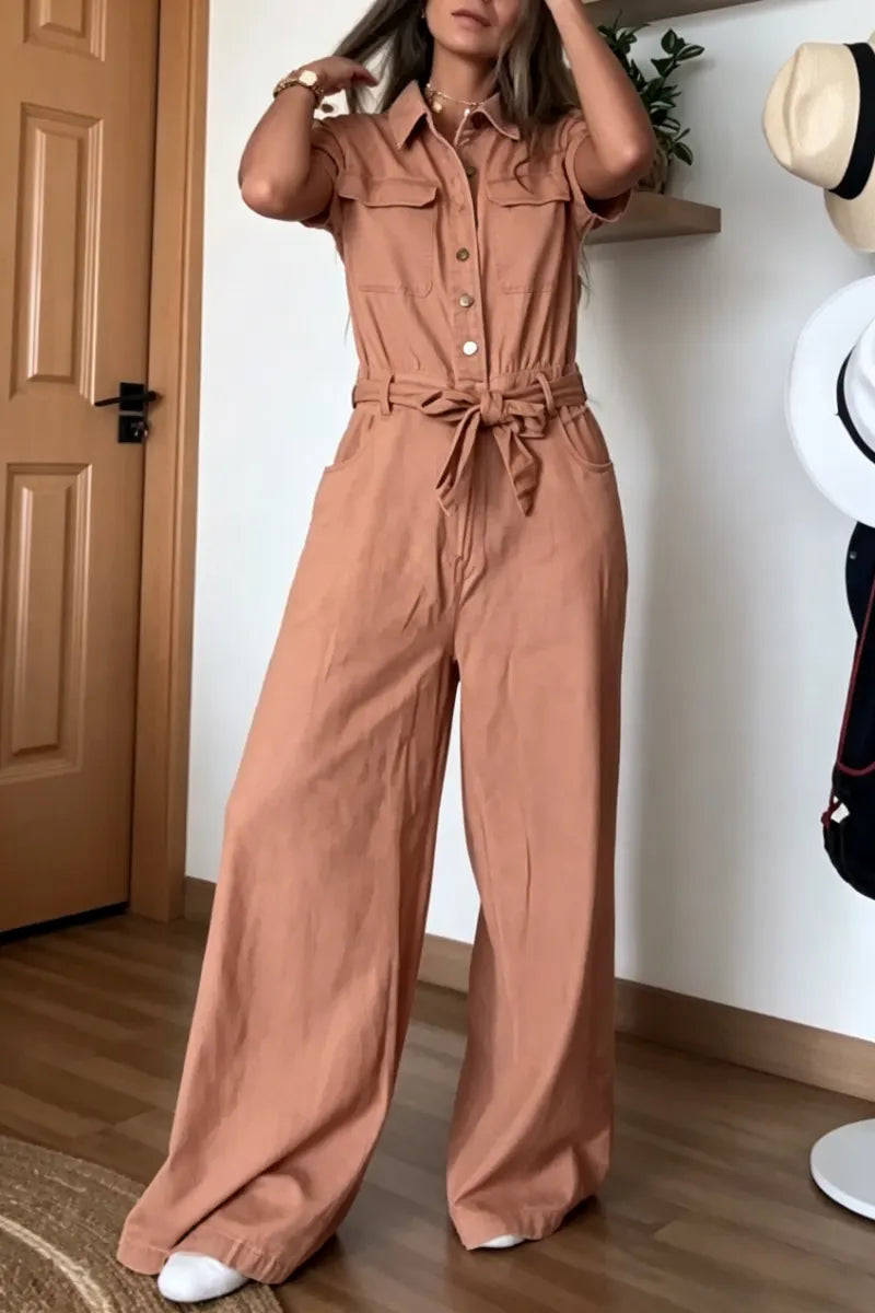 Women's Lapel Buckle Splicing Casual Jumpsuit