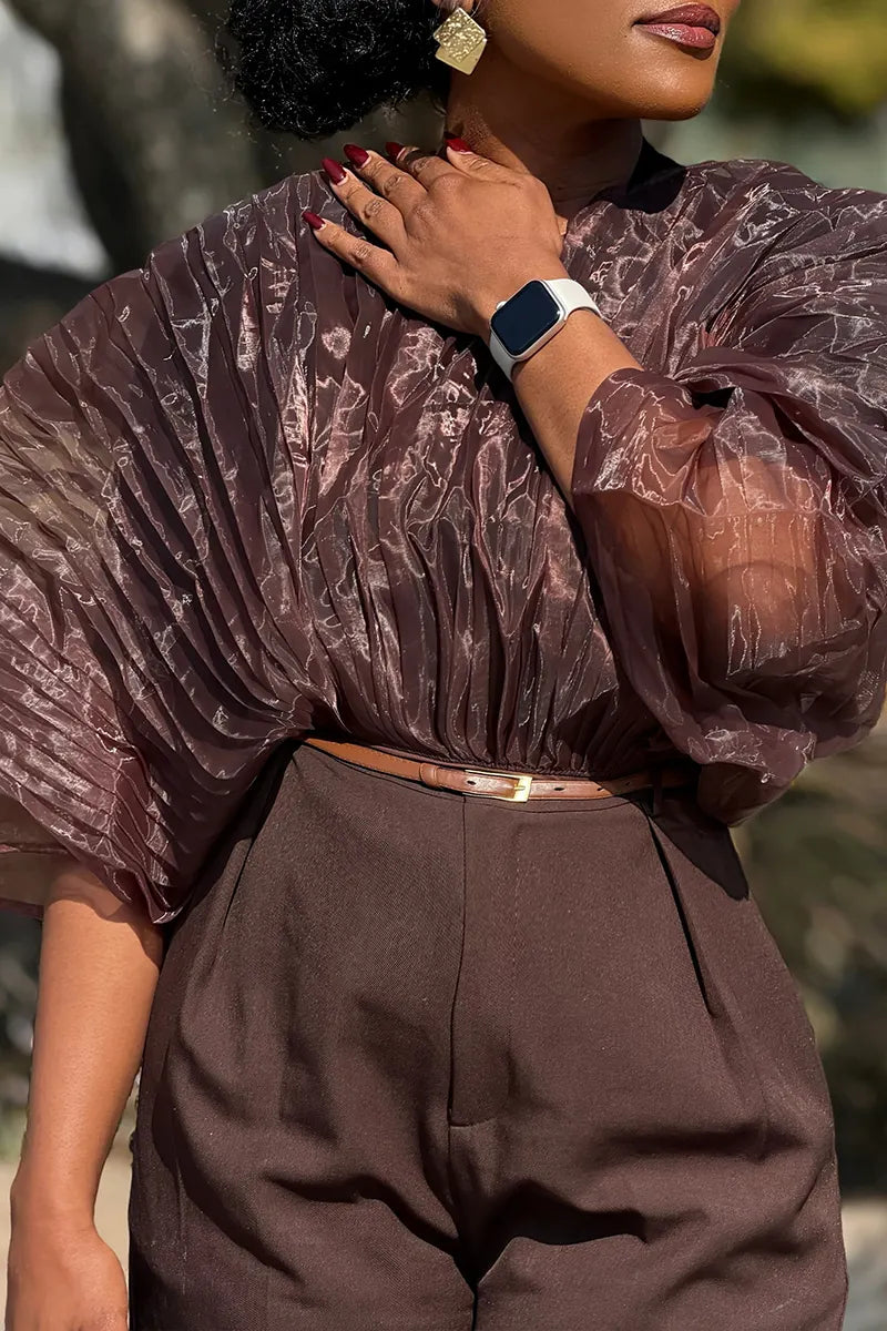 Women's Round Neck Pleated Printed Top or Casual Wide Leg Pants