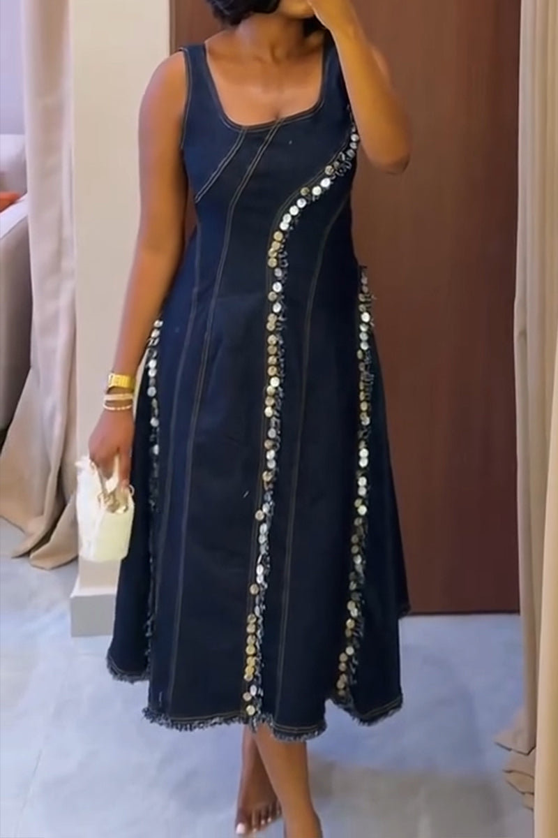 Women's Casual Sequin Decoration Patchwork Denim Midi Dress