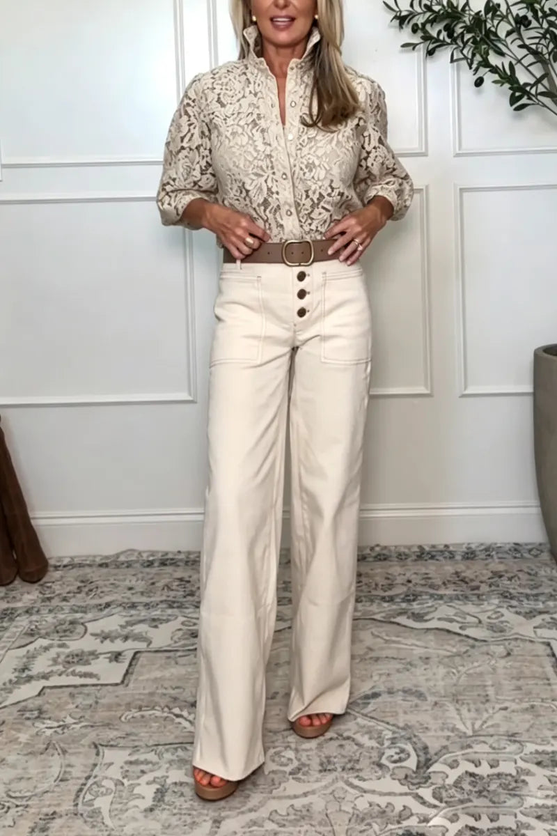 Women's Lapel Pattern Hollowed Out Coat or Wide Leg Pants