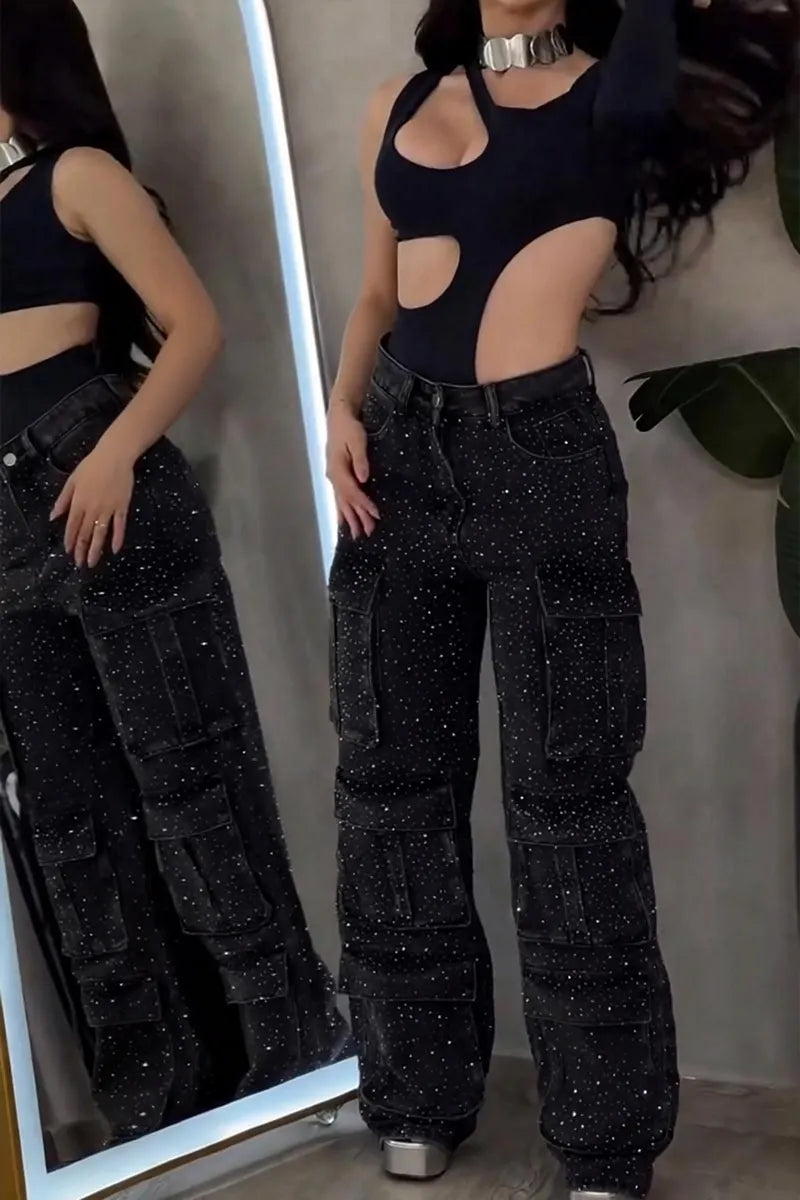 Women's Fashion Shiny Rhinestone Cargo Jeans