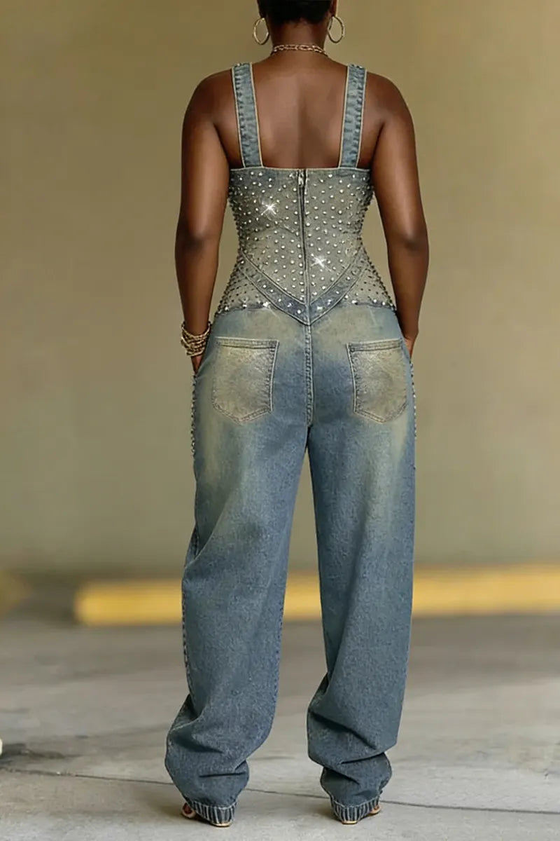 Hot Selling Women's Casual Rivet Denim Jumpsuit