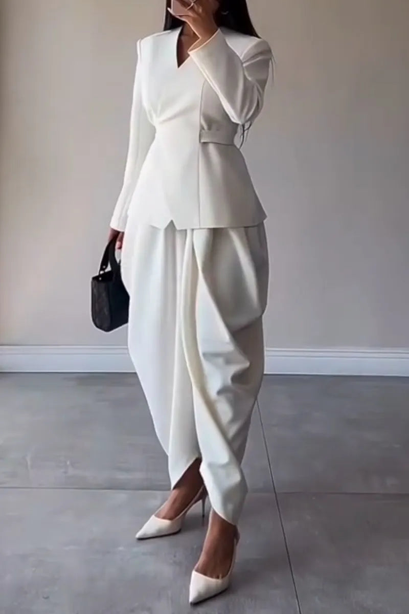 Women's V-neck Waist Cinched Jacket+ Pants Temperament Commuting Suit